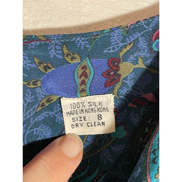 Vintage Albert Nipon Silk Midi Dress Blue Floral Paisley Pleated 90s Size 2 - Picture 7 of 15